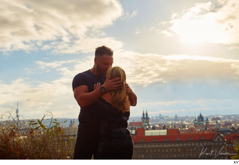 A big hug and kiss for the newly engaged in Prague