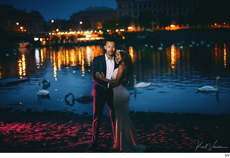 sexy couple portrait at Prague riverside at dawn