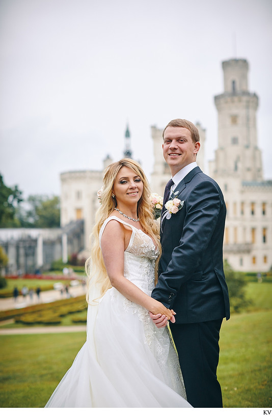 The Happy newlyweds as they explore the castle grounds