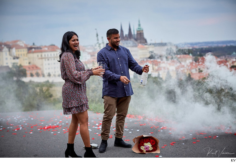 newly engaged celebrating smoke grenades & champagne