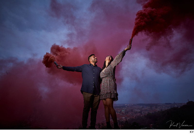 Hiten & Rochel holding up the flares above Prague