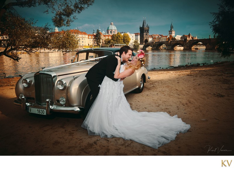 Stepping on the brides dress Prague wedding photography