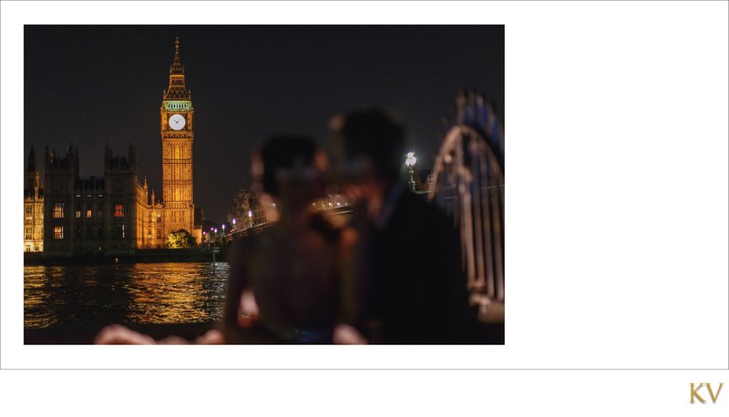 bride & groom kiss silhouetted against Big Ben, London