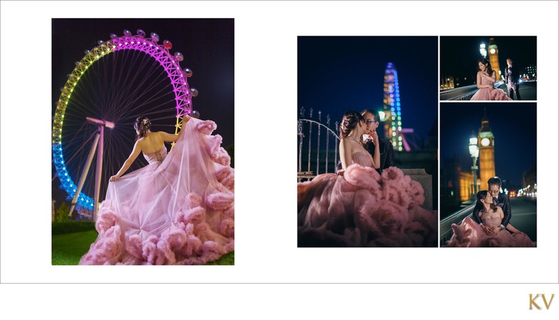 Bride & Pink dress London Eye night photo