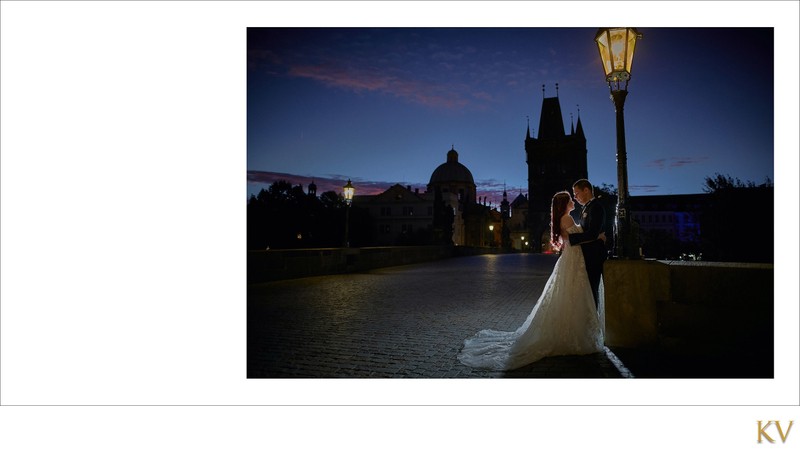 bride & groom under the gas lamps Charles Bridge