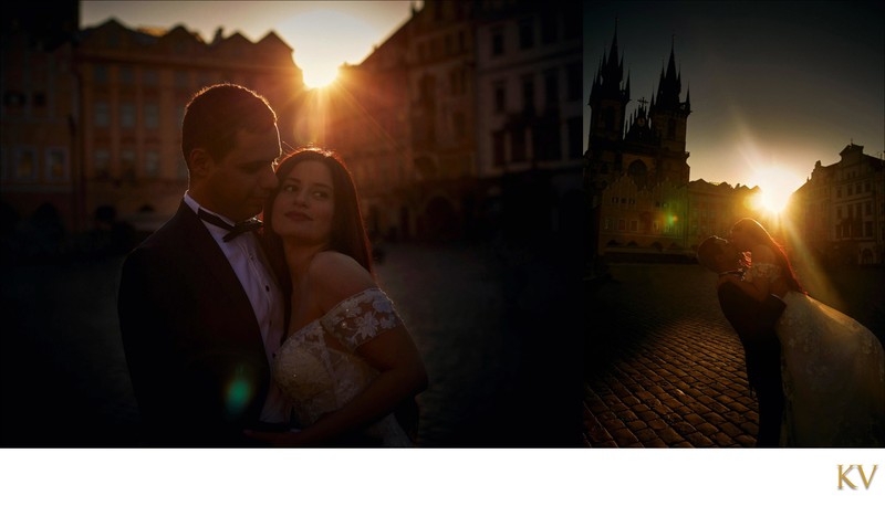 Turkish bride & groom Prague Old Town Square sunrise