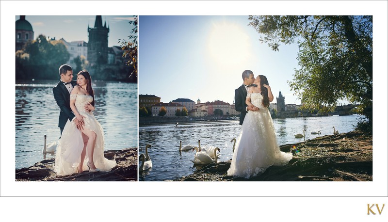 Sexy bride & groom riverside on wedding day in Prague