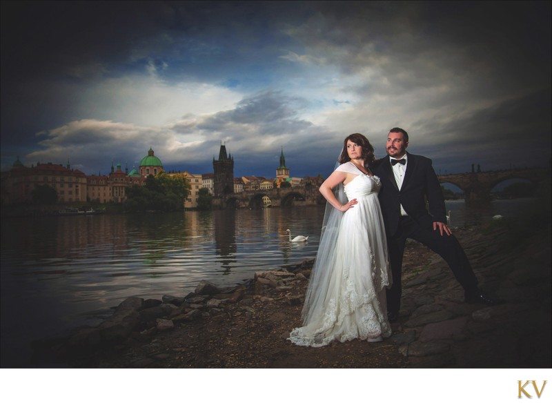 Luxury Wedding Portrait Newlyweds At Vltava in Prague