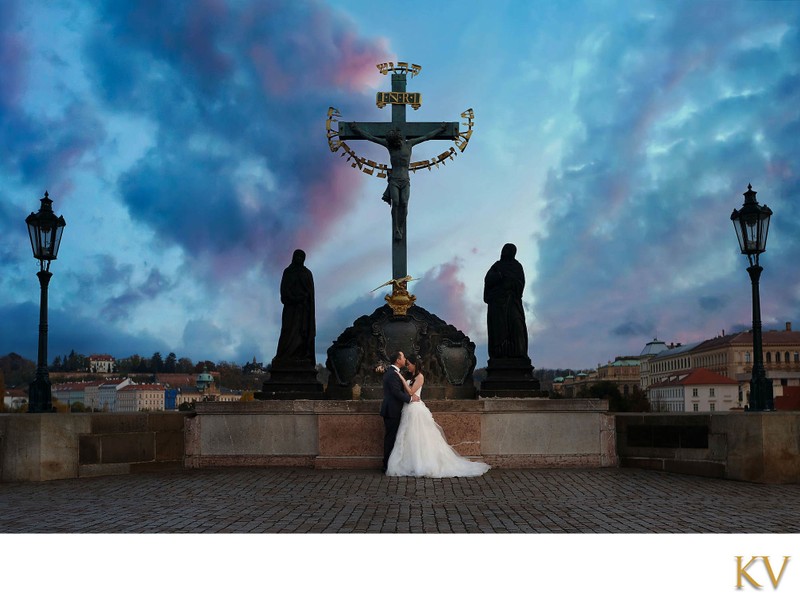 Fine Art Portrait of bride & groom atop Charles Bridge