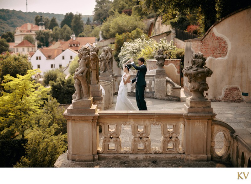 practicing their 1st dance overlooking Prague