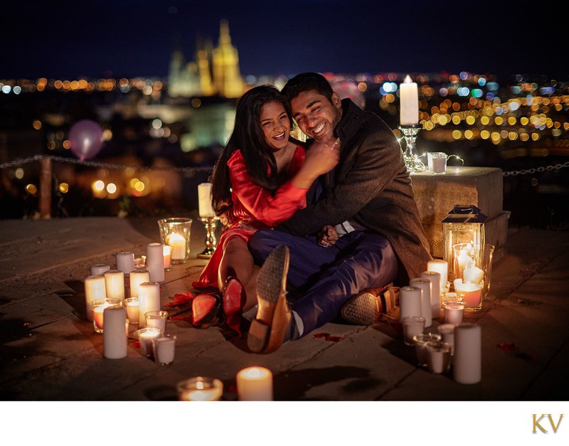 Gorgeous Indian couple celebrating their engagement above Prague