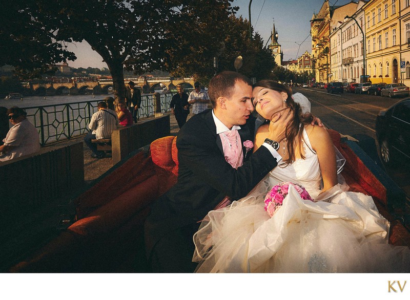 French bride & groom in horse & carriage