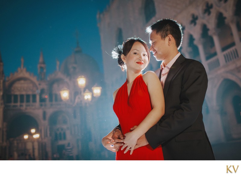 portrait of a Thai couple at Doge's Palace at night