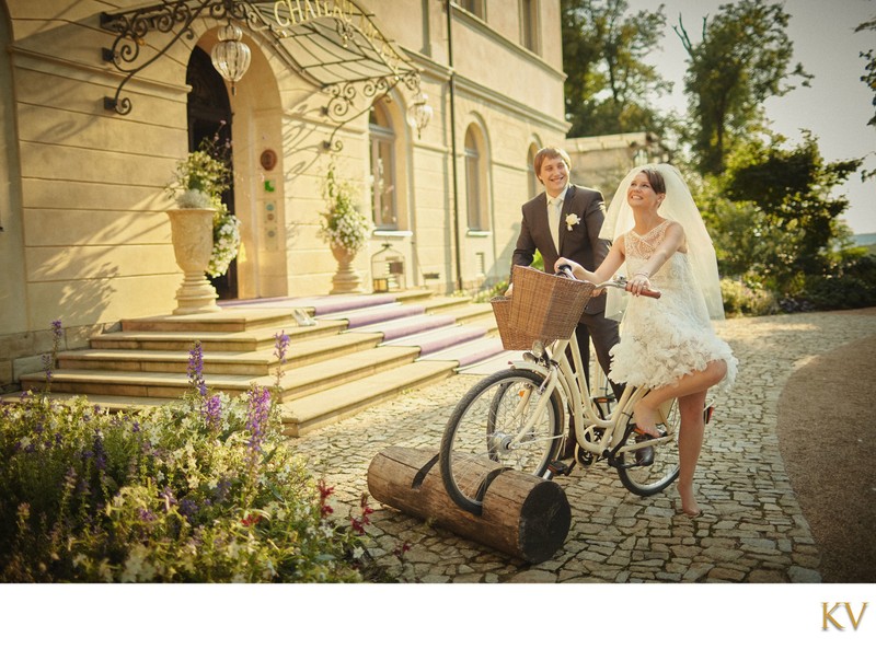 Happy Newlyweds on bikes