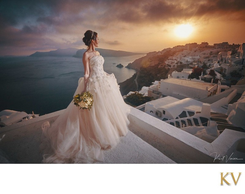 Beautiful Bride Watching Sunset in Santorini