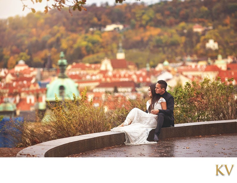 American couple overlooking Prague from Letna