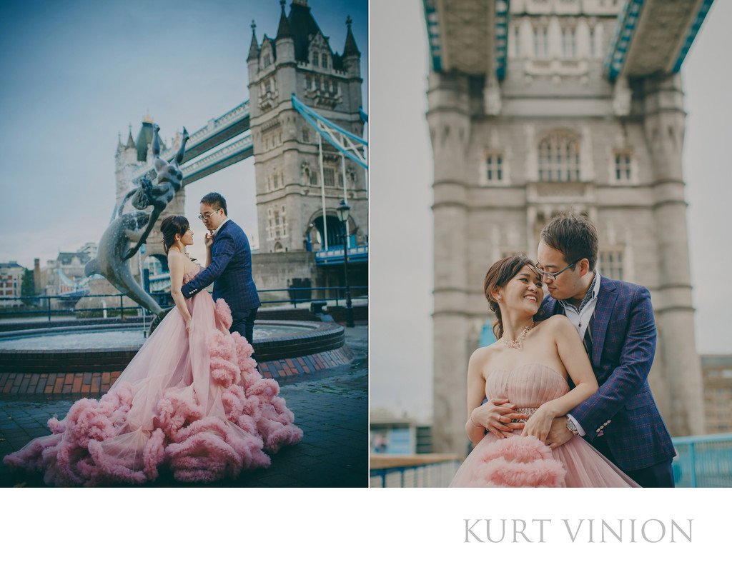 London Tower Bridge pre wedding photos Pink dress