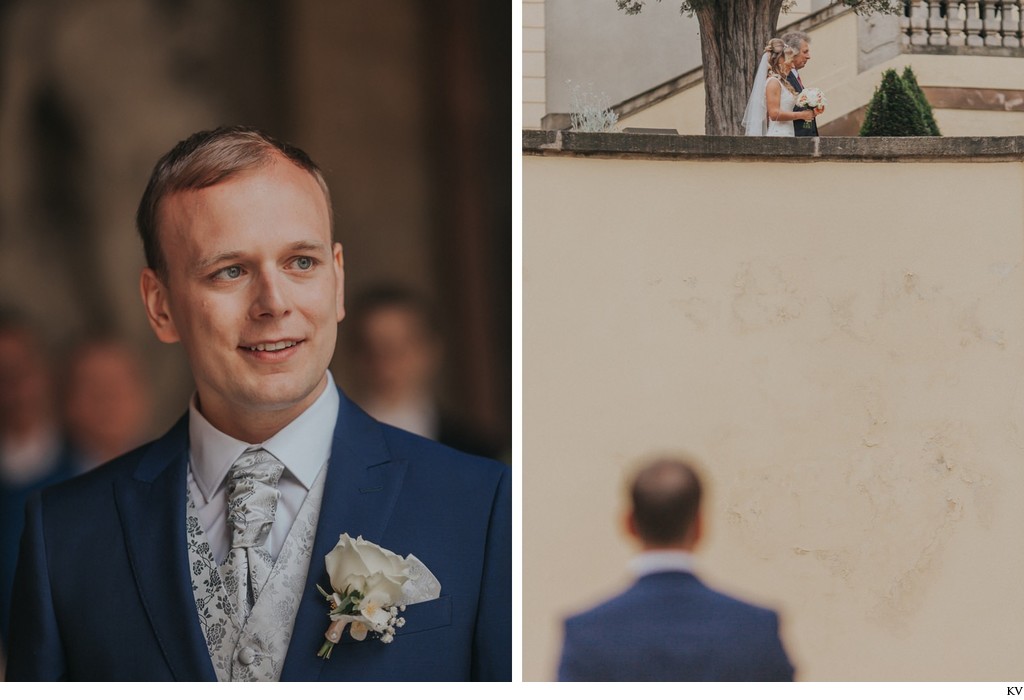 Michael watches as his bride arrives at the garden