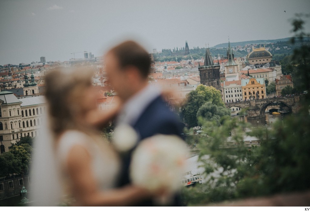 Prague wedding day silhouette of bride & groom 