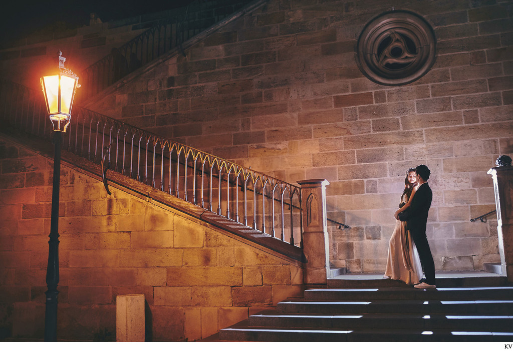 romantic night time portrait Charles Bridge Kampa steps