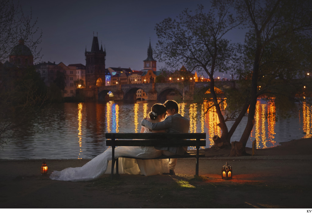 romantic night portrait couple near Charles Bridge