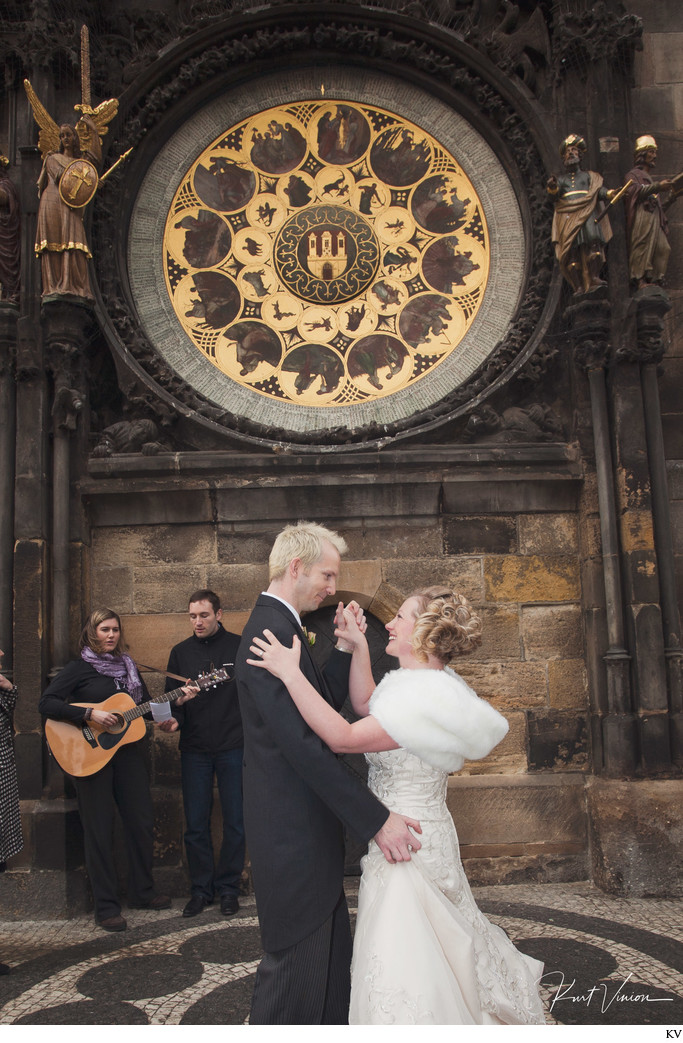 dancing under the Astronomical Clock Prague wedding