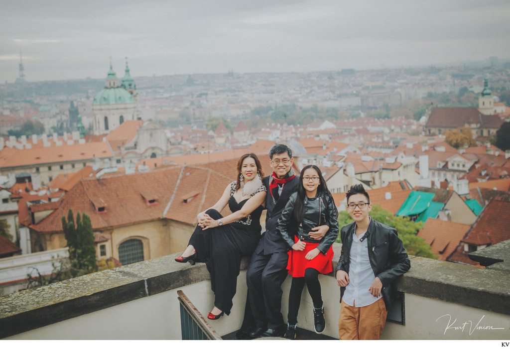 family photo overlooking Mala Strana from Prague Castle