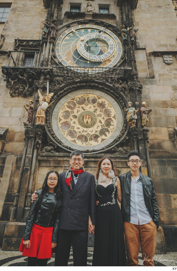 Family photo under the Astronomical Clock