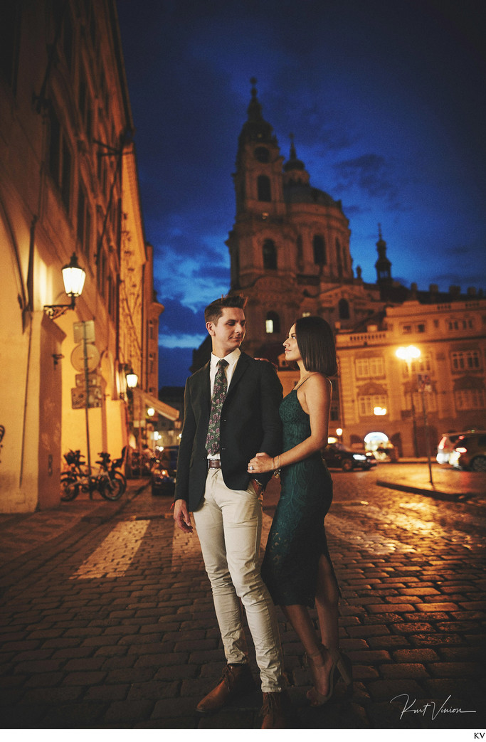 The happily engaged Prague engagement night photo