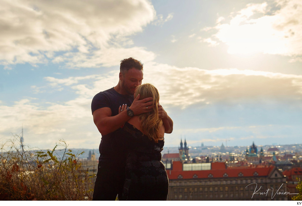 A big hug and kiss for the newly engaged in Prague
