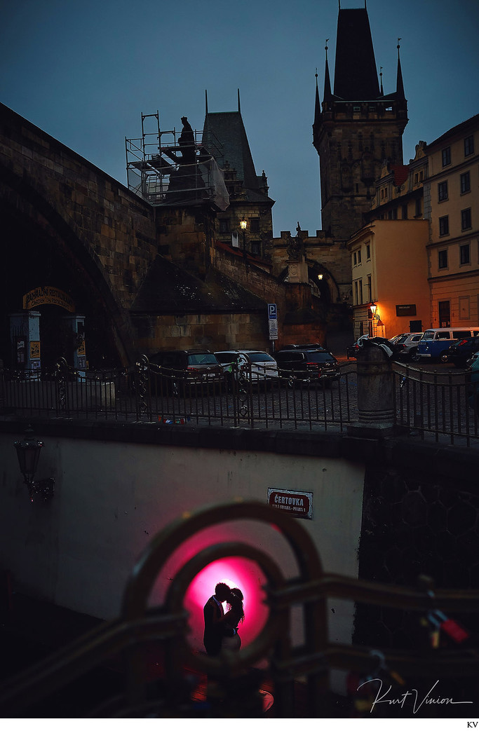 illuminated by the red light Prague night photos