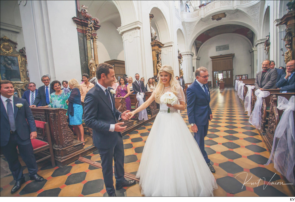 Happy bride greets groom 