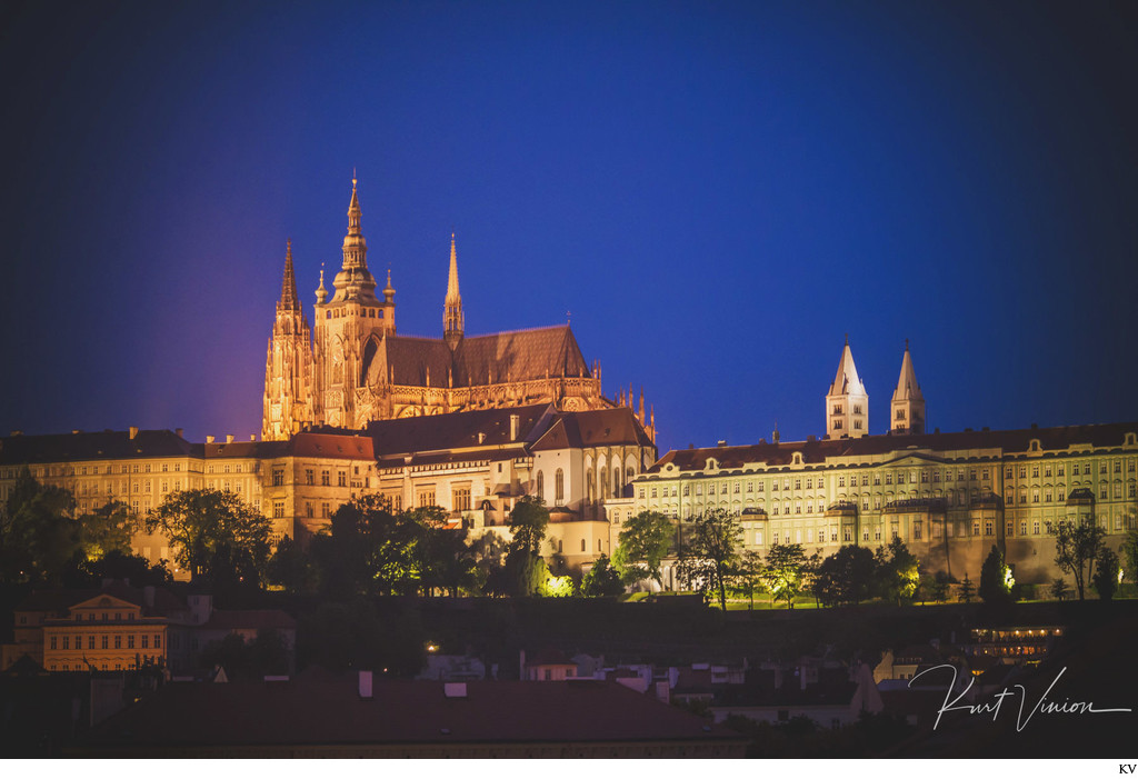 Prague Castle at night viewed from The Four Seasons