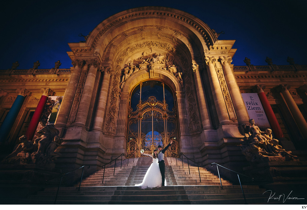 Newlyweds celebrating night Petit Palais Paris 