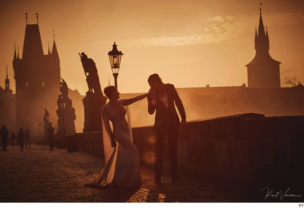 Post wedding portrait photographer Prague Sunrise kiss
