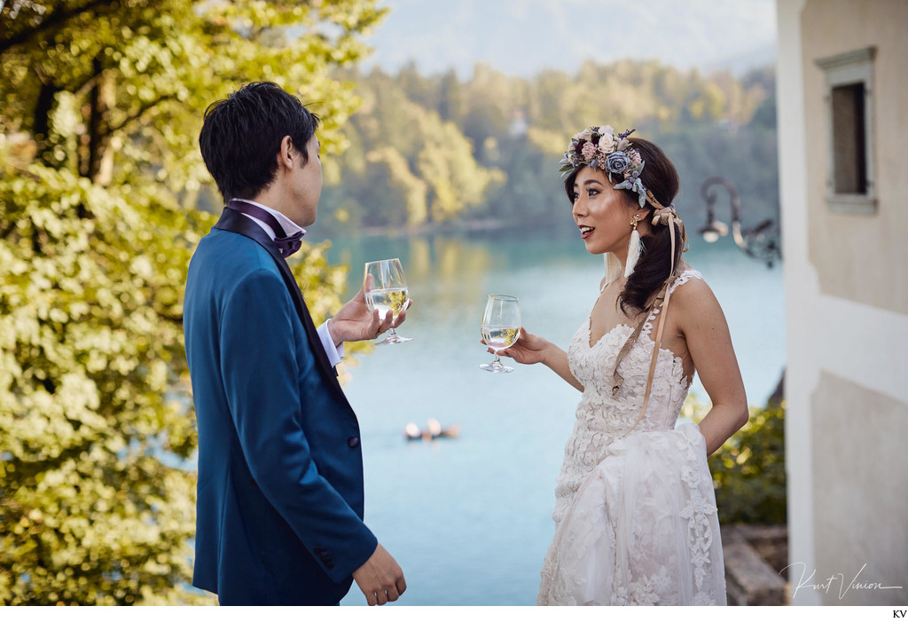 relaxing with a glass of wine Lake Bled weddings
