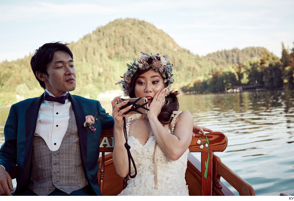 bride & groom funny moment Lake Bled