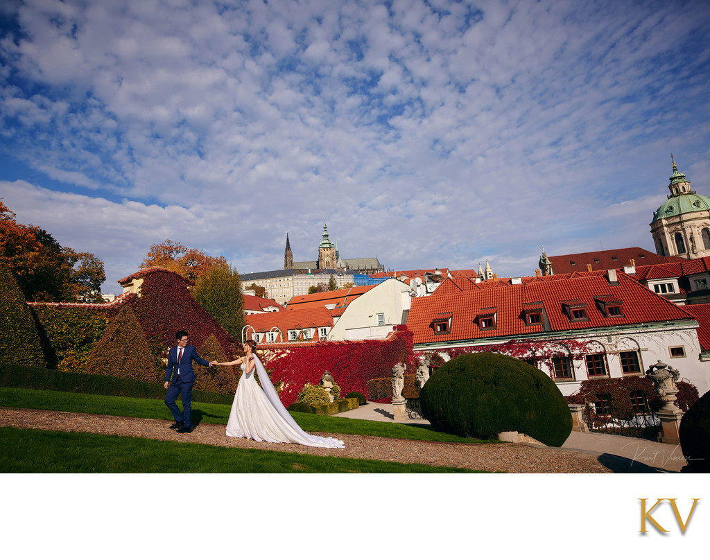 Walking in Vrtba as Prague Castle dominates the skyline