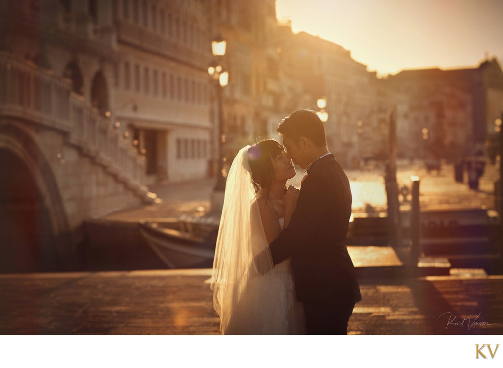 Venice bride & groom photographed at sunrise