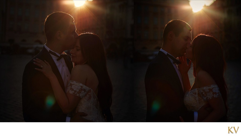 Sun flared kiss for Turkish bride & groom Old Town