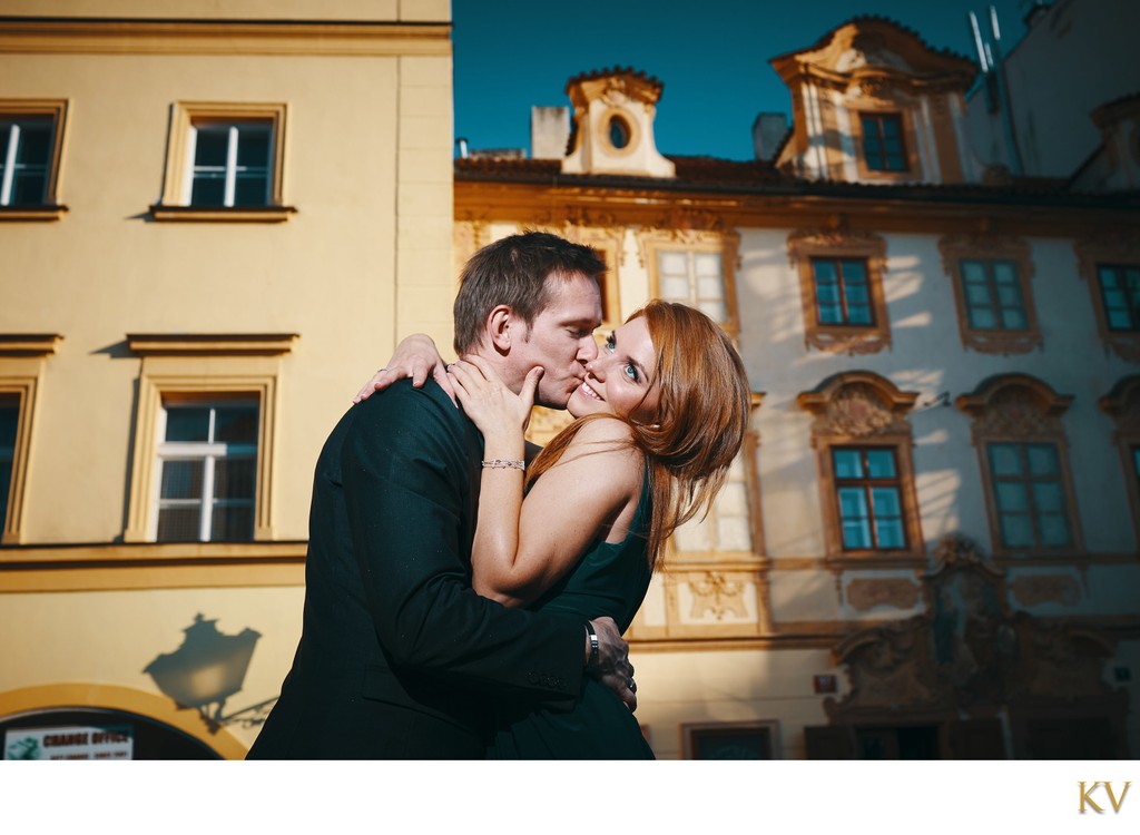 sexy-fun kiss captured at sunset Prague Castle