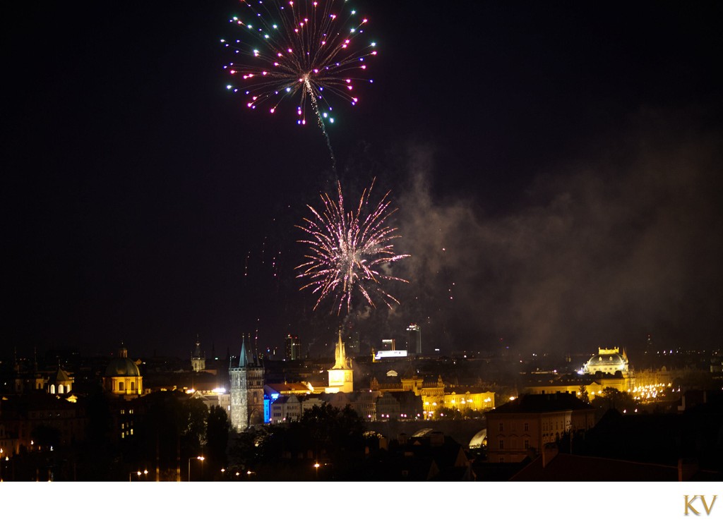 wedding day fireworks above Prague