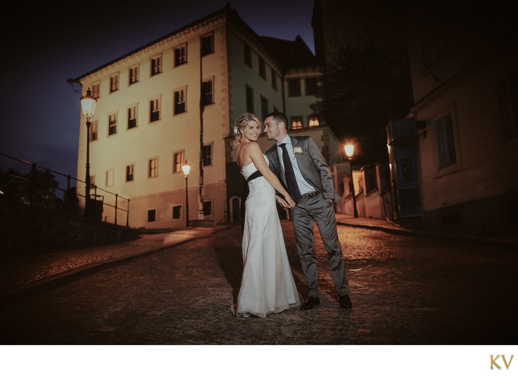 Happy Bride & Groom Prague Castle Night Photo