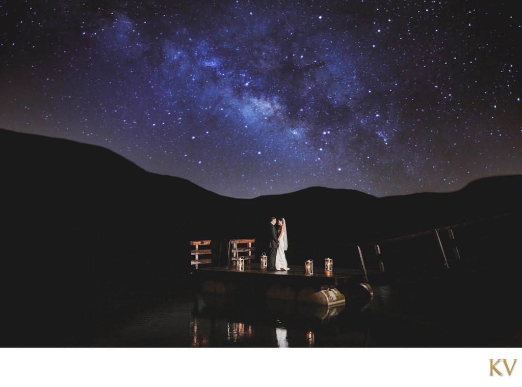 bride & groom under Milky Way Lake Eibsee Germany