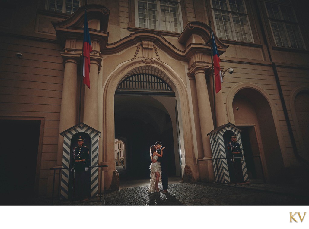 castle guards stand watch as Hong Kong newlyweds kiss