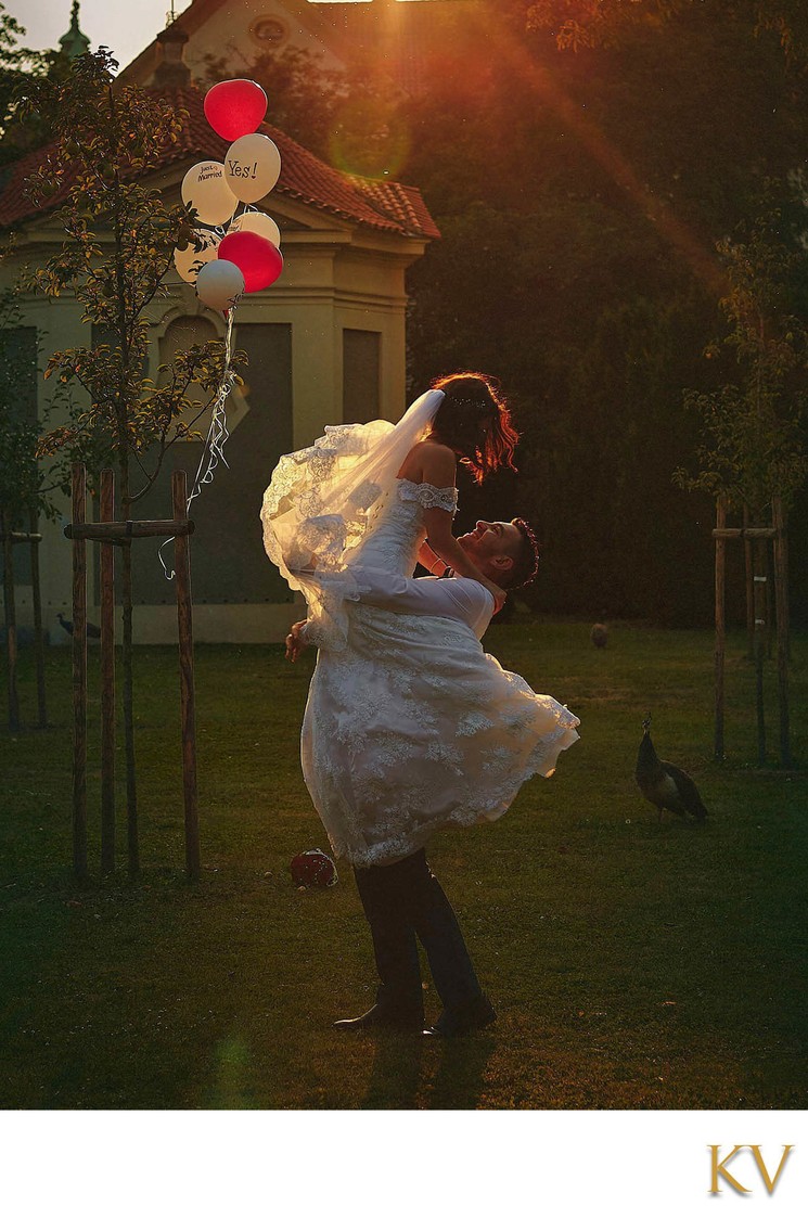 Israeli bride in golden light in Prague's secret garden