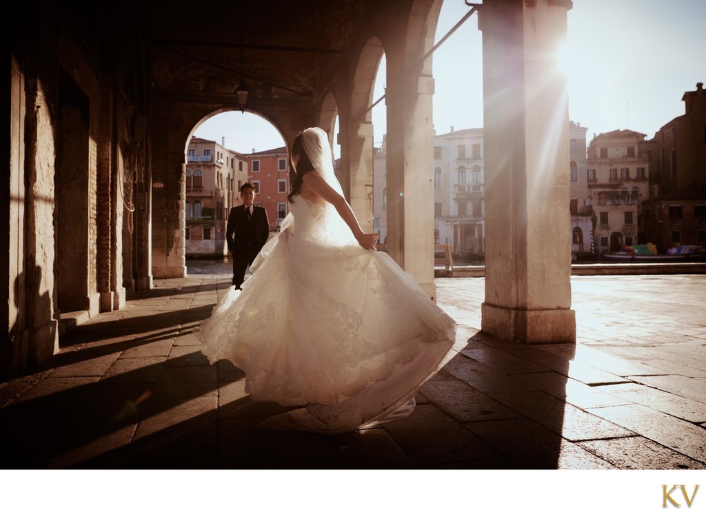 spinning in her wedding dress