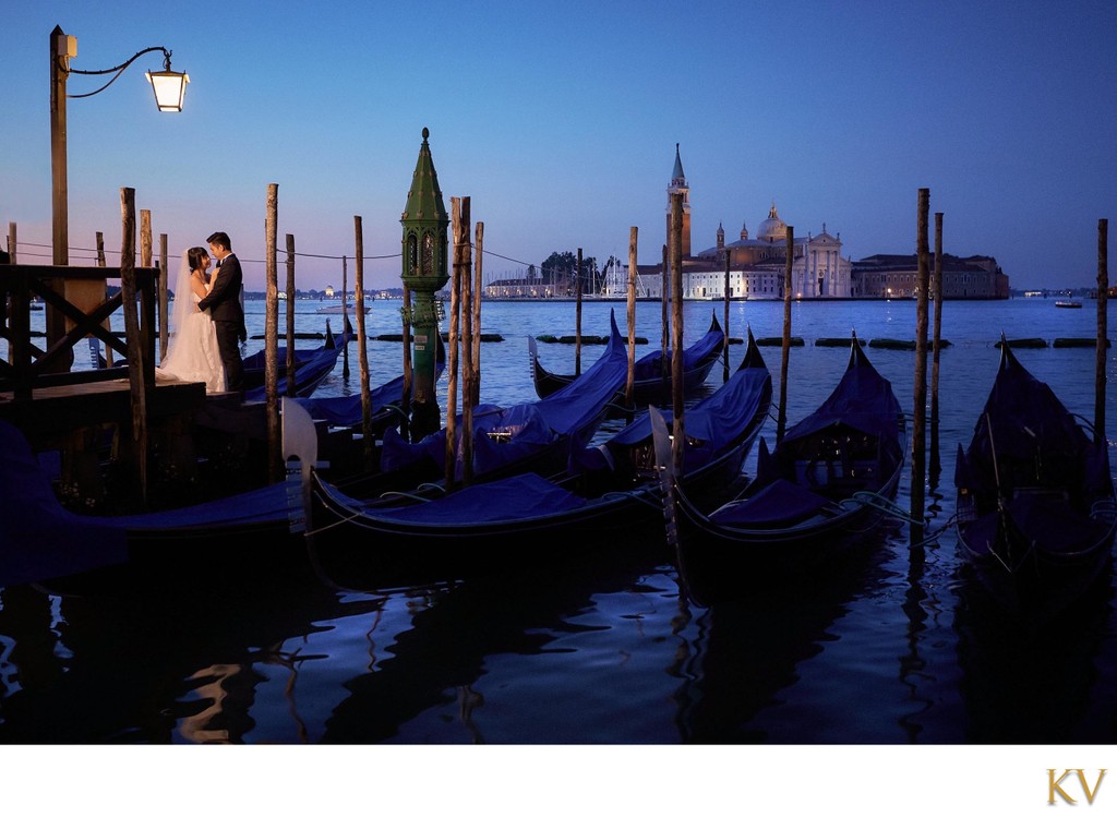 embracing near gondola at sunrise