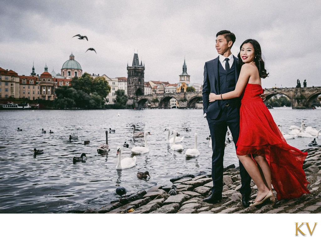 Sexy Shanghai couple at the riverside in Prague