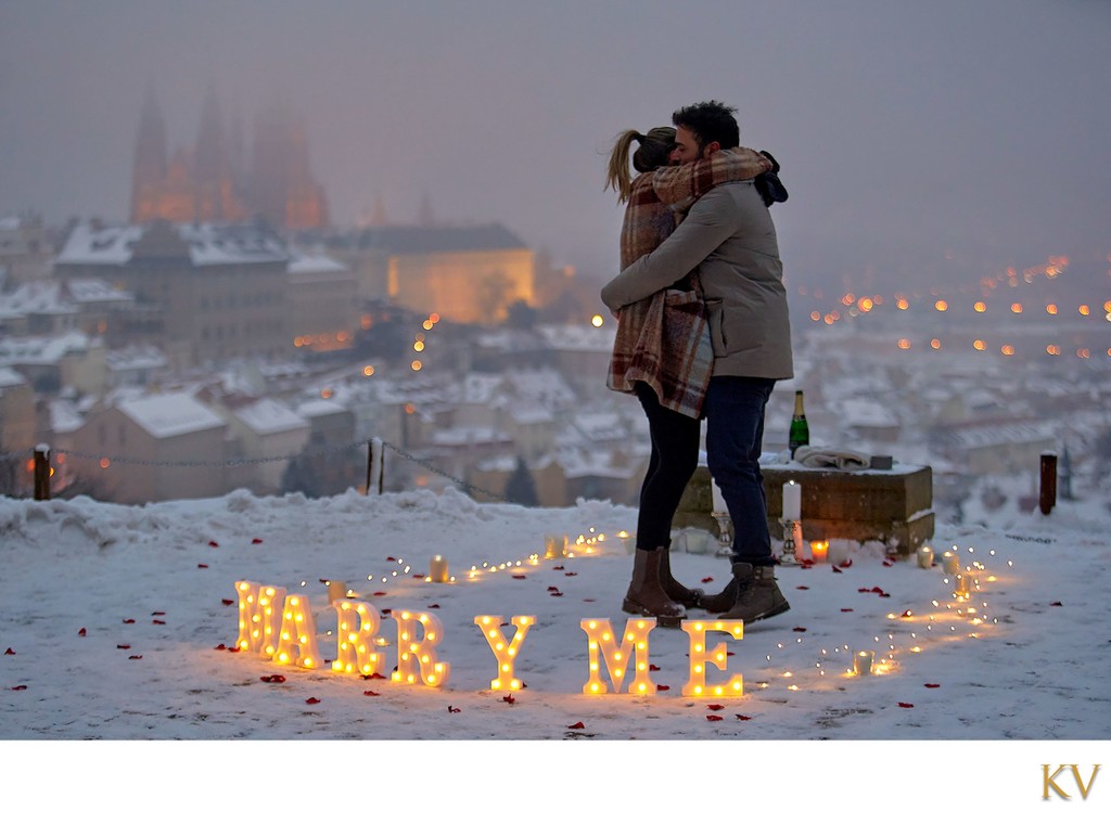 Winter Marriage Proposal Fairy Lights Above Prague